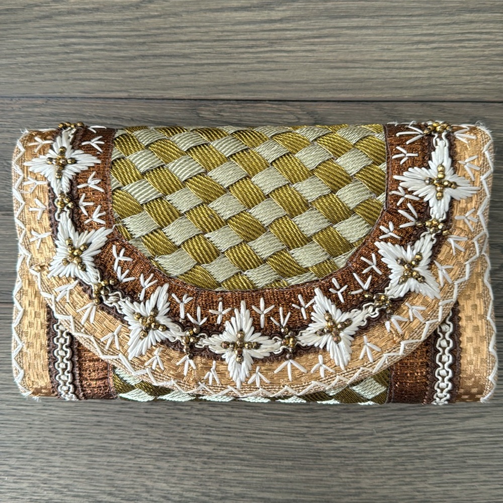 Anthropologie Gold multicolored purse/ clutch with attachable chain